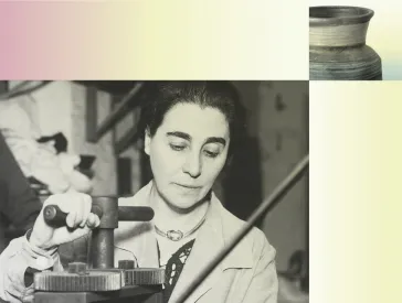 Collage aus einer historischen Fotografie einer Frau in einer Werkstatt und einem Objektbild.