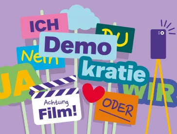 Colorful graphic showing various posters and signs, with a film clapperboard and a cell phone for filming on a tripod in front of it.