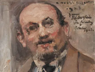 Oil portrait of a man with little hair and a chin beard, dressed formally. He is looking directly at the viewer. The painting is in beige tones and corresponds to an impressionist painting style. It is also signed at the top right.