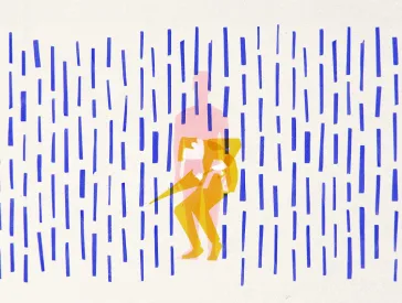 Collage: Ein Mensch steht im Regen, eine zweite Figur &uuml;berlagert die erste und ist dabei einen Regenschirm aufzuspannen.