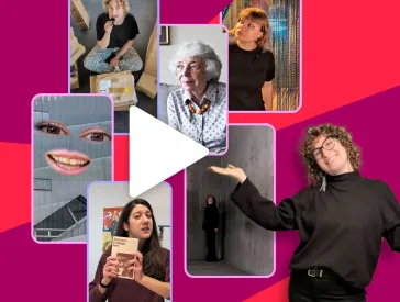 Kollage aus sechs Fotos und Grafik. Am rechten Bildrand steht eine Frau mit Brille und Locken und pr&auml;sentiert die Bilder. In der Mitte ist ein Play-Symbol platziert.