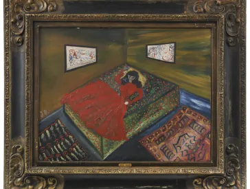 A painting of a woman in a red dress. She is lying on a bed. 