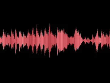 Visualisierung einer Tonspur als Waveform (blassrote Amplituden auf schwarzem Hintergrund).