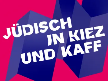 Grafik mit rotem Hintergrund und lilafarbener stilisierter aufgeklappter Landkarte, dar&uuml;ber in Wei&szlig; der Schriftzug: J&uuml;disch in Kiez und Kaff.