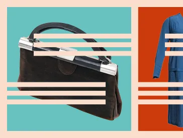 The Schocken logo in the shape of a large S is placed over a black handbag and a blue dress.