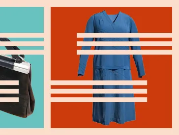 Eine Handtasche und ein blaues Kleid vor hellblauem bzw. orangenem Hintergrund, darüber liegt das S-förmige Schocken-Logo.