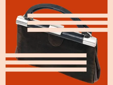 A black handbag on an orange background with the S-shaped Schocken logo above it.