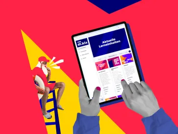 Bunte Grafik: Monitor eines Tablets von zwei Händen gehalten, eine männliche Figur mit Trillerpfeife und Rettungsring sitzt auf einem Hochstuhl