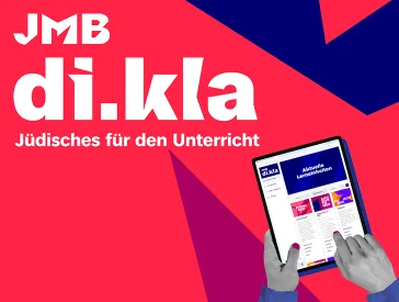 Grafik in mit rotem Hintergrund und weißer Schrift: Zwei Hände halten ein Tablet, auf dem die Website von di.kla zu sehen ist.