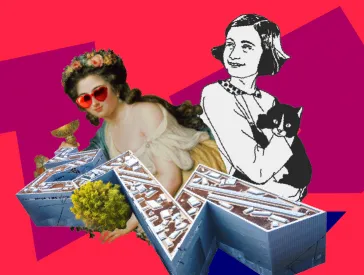 Das Bild hat einen roten Hintergrund. Darauf ist eine Collage zu sehen: Eckige Formen in Magenta und Blau, darüber eine Grafik des Libeskind-Baus und von zwei Frauen. 