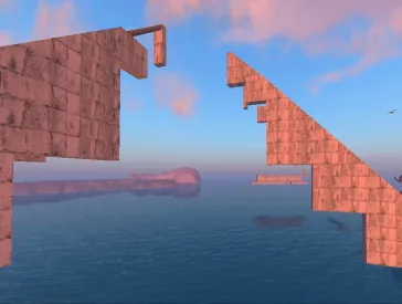 Kunstwerk von Mary Flanagan, das schwebende Mauern vor blauem Himmel über blauem Meer zeigt.