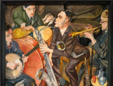 Cubist-inspired painting of a jazz band with saxophonist, trumpeter, drummer, guitarist and hands on the piano in the background.