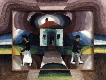 The image shows a painting in dark brown, green, yellow, and blue tones. In the center is a painting depicting two people walking away from each other. In the middle, a path leads to a house. 