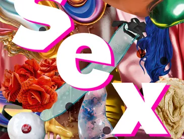 Buchcover, eine bunte Collage aus Formen und Objekten mit dem Buchtitel: Sex. Jüdische Positionen.