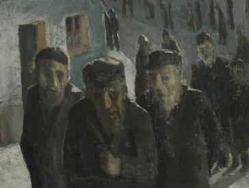 Personen auf einer Straße, im Vordergrund stehen drei ältere, bärtige Männer in Mänteln mit Hüten