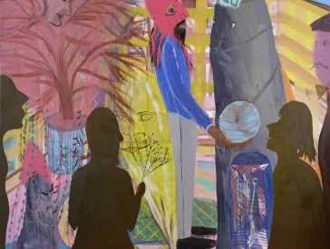 Shai Azoulays painting “Golem”: in the center is a man with a red, ski cap-like mask holding a blue ball in his hand, to his right is a woman wearing a burka. In the foreground are other people.