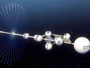 A spacecraft in space consisting of several connected spheres.