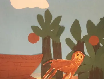 Gebasteltes Bild: ein Tier verlässt die Arche Noah.