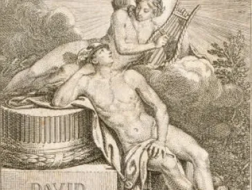 Mercury leaning against a column with the inscription “David / Fridlaender”. Above him on a cloud Apollo sits with quiver, lyre and laurel wreath.