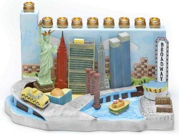 Hand-painted colorful candelabrum made of ceramic and synthetic resin depicting various New York City landmarks: the Statue of Liberty, the Empire State Building, the Chrysler Building, the World Trade Center, Broadway, and others.