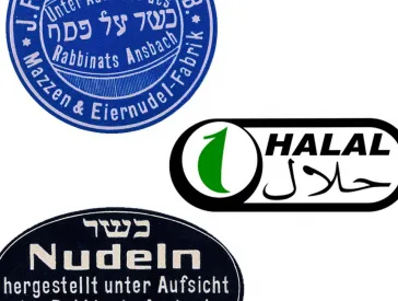 Koscher- und Halalsiegel zur Kennzeichnung von Lebensmitteln.