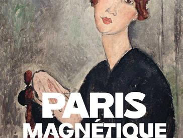 Book cover with a painted portrait of a young woman on a gray background and the book title „Paris Magnétique. 1905–1940“.