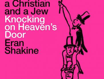 Buchcover »Eran Shakine: A Muslim, a Christian and a Jew Knocking on Heaven’s Door« mit einer Zeichnung von drei Männern mit Hut, die sich gegenseitig auf die Schultern genommen haben und mit einem Spazierstock am Himmel anklopfen.