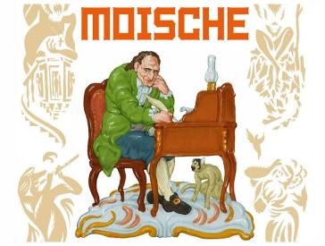 Cover der Graphic Novel Moische. Sechs Anekdoten aus dem Leben des Moses Mendelssohn mit Zeichnung Mendelssohn am Schreibtisch, unter dem Tisch ein Äffchen