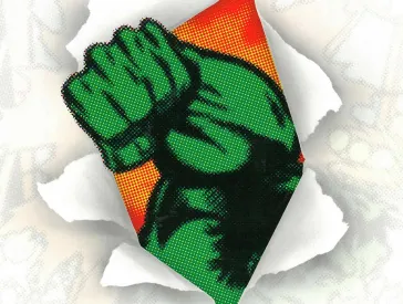 Grafik: ein grüner, muskulöser Arm durchboxt das Papier.