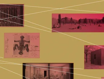 Collage aus graphischen Elementen und rot eingefärbten Fotografien.