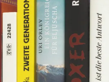 Aufgereihte Bücher, die Buchrücken sind zu sehen.