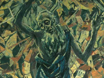 Catalouge cover for the Exhibition “Steinhardt”: painting of a old, skinny man surrounded by a group of people and burning buildings.