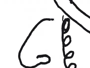 Strichzeichnung eines Mannes im Profil mit prominenter Nase, Schläfenlocken und Hut.