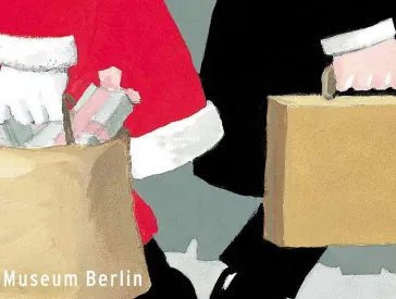 Illustration of a man dressed as Santa walking past a man wearing Orthodox Jewish clothing (detail).