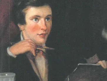 Book Cover of “Familienbilder”: historical painting of young man painting with brush. 