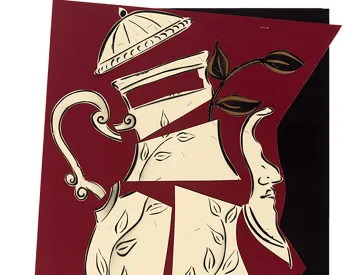 Collage: Eine beige Kanne mit einem Deckel ist in größere Einzelteile zerlegt. Aus einem oberen Teil der Kanne wächst eine schwarz-goldfarbene Pflanzenranke. Auf der rechten Seite (als Teil der Kanne) erscheint ein Gesicht im Profil. 