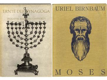 Zwei Buchcover: das Buch „Moses“ von Uriel Birnbaum und Ausstellungskatalog zur Ausstellung „Synagoga“