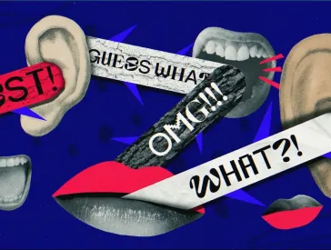 Grafik mit Ohren und Mündern und Sprechblasen, die sagen: Pssst, OMG!, What?