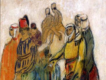 Zeichnung: Eine Gruppe bunt gekleideter Menschen geht mit weit ausladenden Schritten von rechts nach links durchs Bild