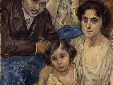 Malerei zeigt eine Familie aus Vater, Mutter, Kind.