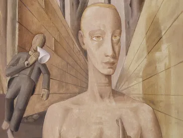 Malerei, ein Mann läuft einen Gang entlang.