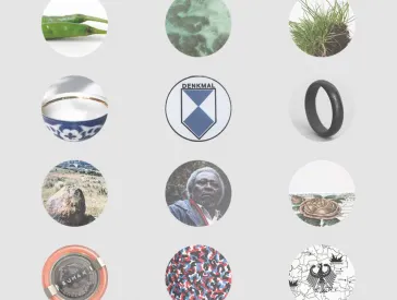 Vier Reihen mit jeweils drei runden, gucklochartigen Bildausschnitten, die unterschiedliche Motive zeigen