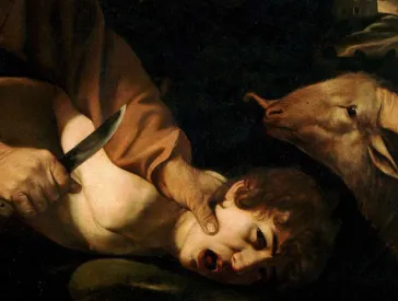 Malerei, ein Junge wird gewaltvoll von einer Hand auf einen tisch gedrückt und mit einem Messer bedroht.