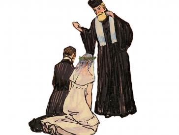 Zeichnung eines Rabbiners, der ein Brautpaar segnet
