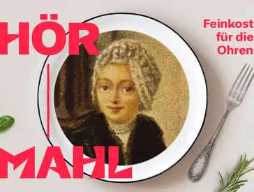Graphic with plate and cutlery, in the plate a portrait of Fromet Mendelssohn, red lettering: HörMahl: A Feast for the Ears.