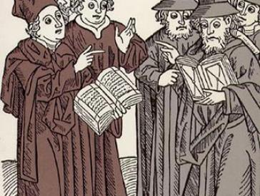 Picture of scholars with books discussing with each other