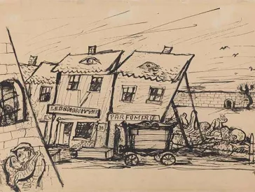 Zeichnung von Kulissen, die die hinter ihnen verborgenen Leichen nur teilweise verdecken