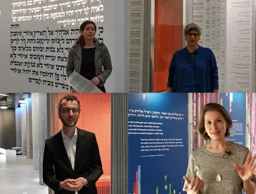 Vier Fotos von Mitarbeitenden des JMB in den Ausstellungsräumen.