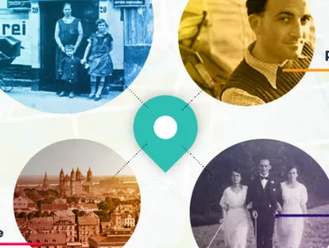 Graphic: Map with four round photos of people and places.