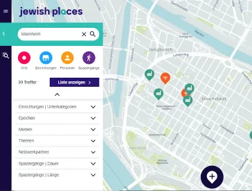Screenshot: Ausgeklapptes Menü, darunter Ausschnitt eines Stadtplans mit Markierungen
